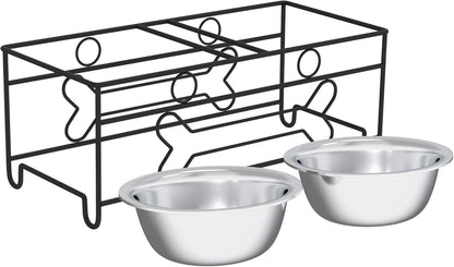 Set of 2 Stainless Steel Dog Bowls - 40Oz Pet Bowls with Decorative Dog Food Stand - Metal Food and Water Dishes for Large Pets - Puppy Essentials by  (Silver/Black)